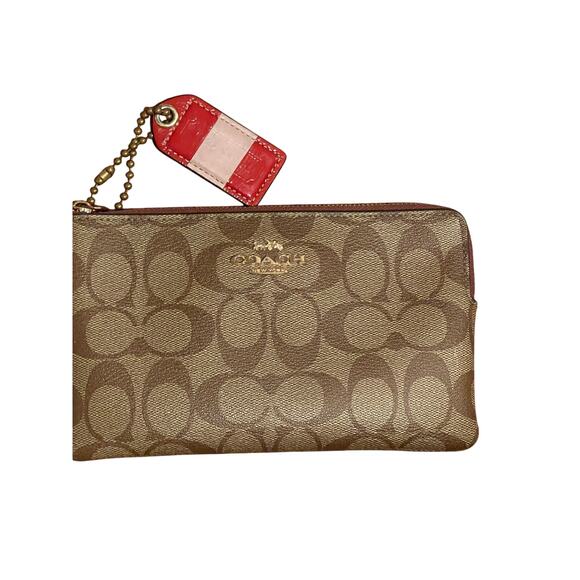 Coach Large Corner Zip Wristlet / Wallet Signature Canvas CS438 IM/Khaki Saddle - Picture 9 of 14